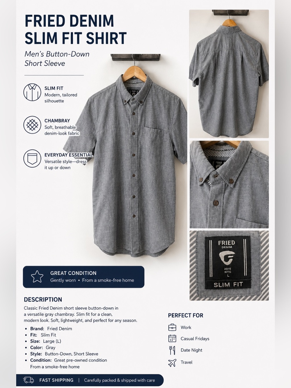 Fried Denim NYC Men’s Gray Short Sleeve Button Down Shirt Slim Fit Size L